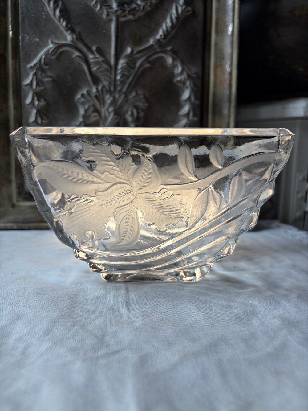 Vintage FTDA etched floral clear glass bowl vase